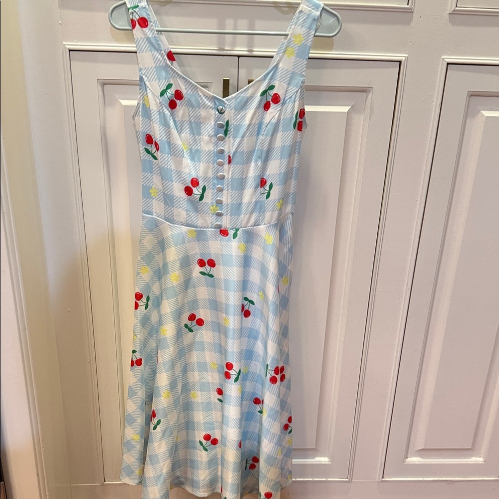 Belle Pogue Blue Gingham Cherry Print Dress Cottagecore Picnic Sundress Medium